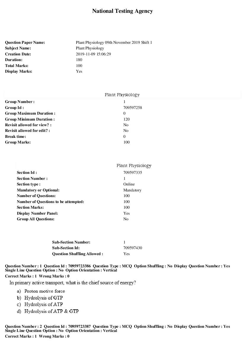SWAYAM 2019 Question Paper Plant Physiology - Page 1 of 21