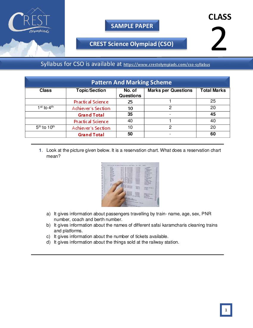 CREST Science Olympiad (CSO) Class 2 Sample Paper - Page 1