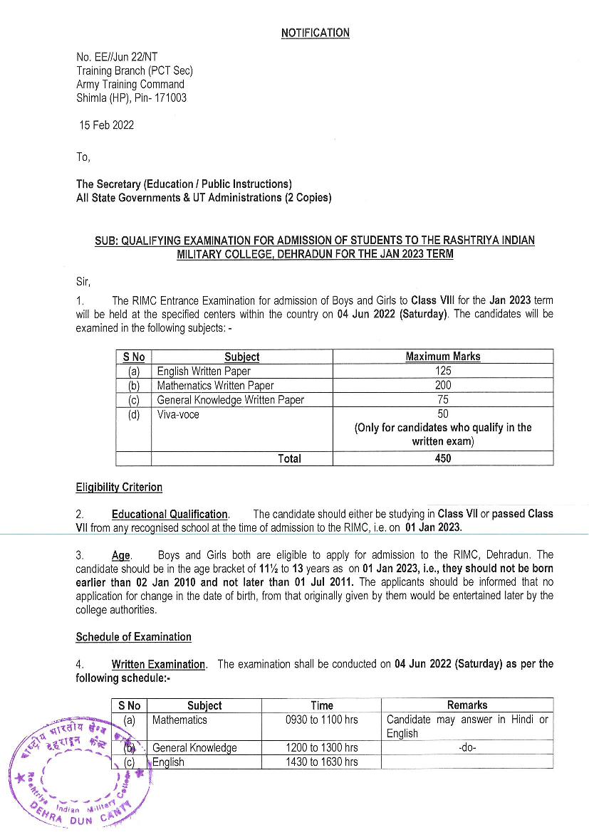 RIMC January Admission 2023 Notification