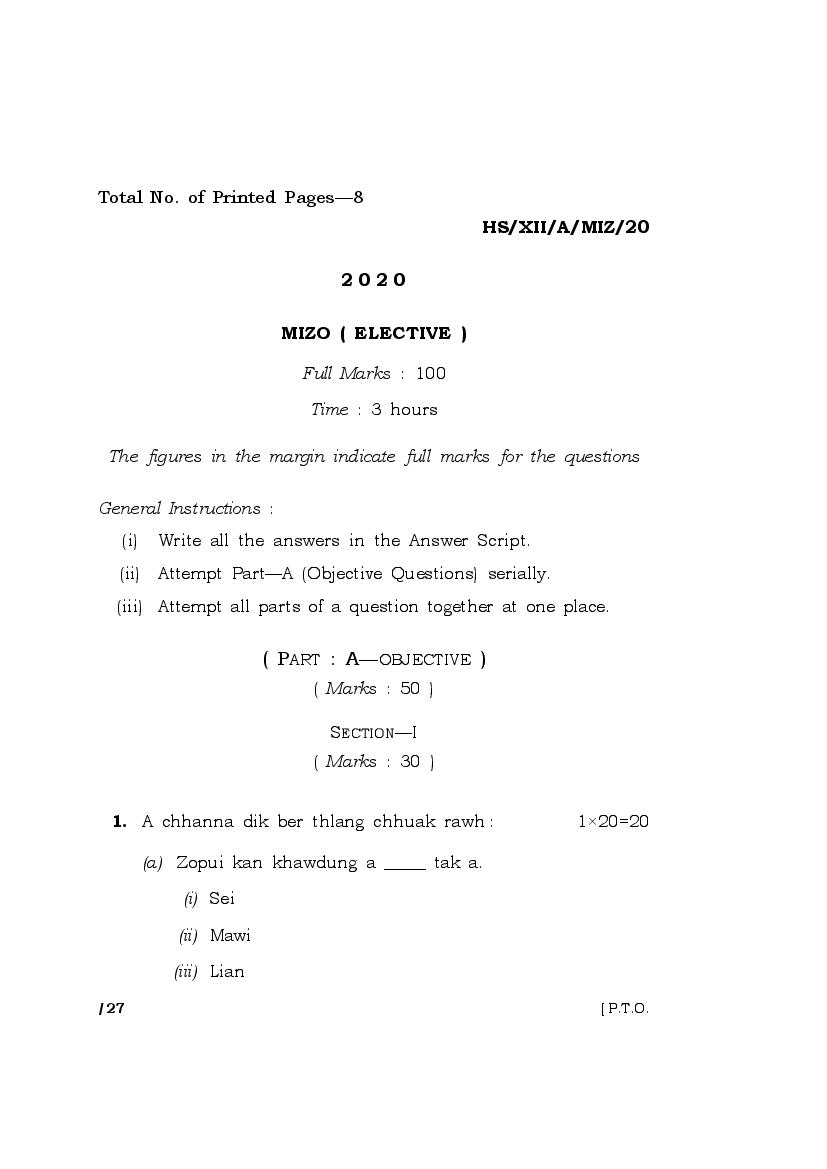 MBOSE Class 12 Question Paper 2020 for Mizo Elective - Page 1