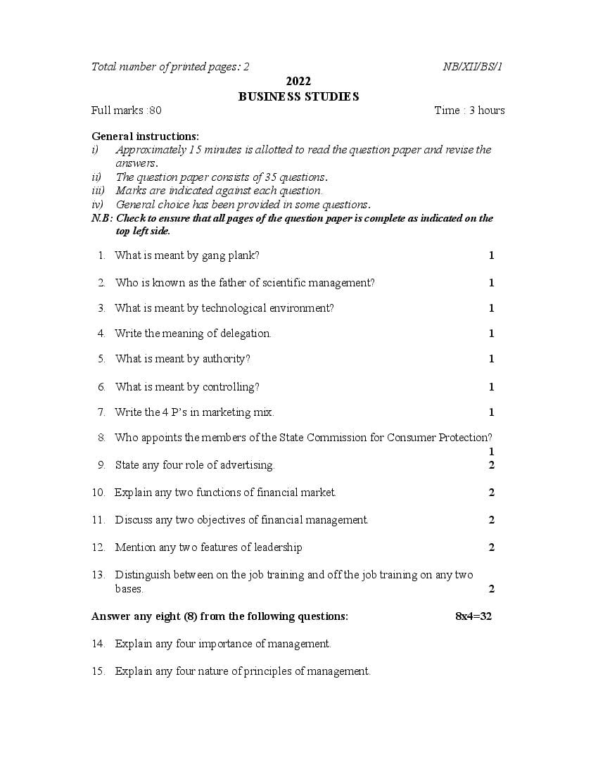NBSE Class 12 Question Paper 2022 Business Studies - Page 1
