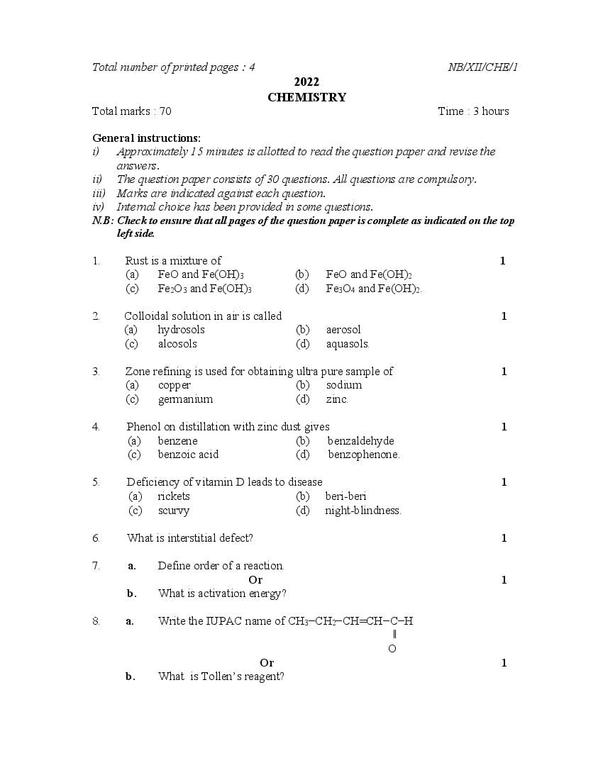 NBSE Class 12 Question Paper 2022 Chemistry - Page 1