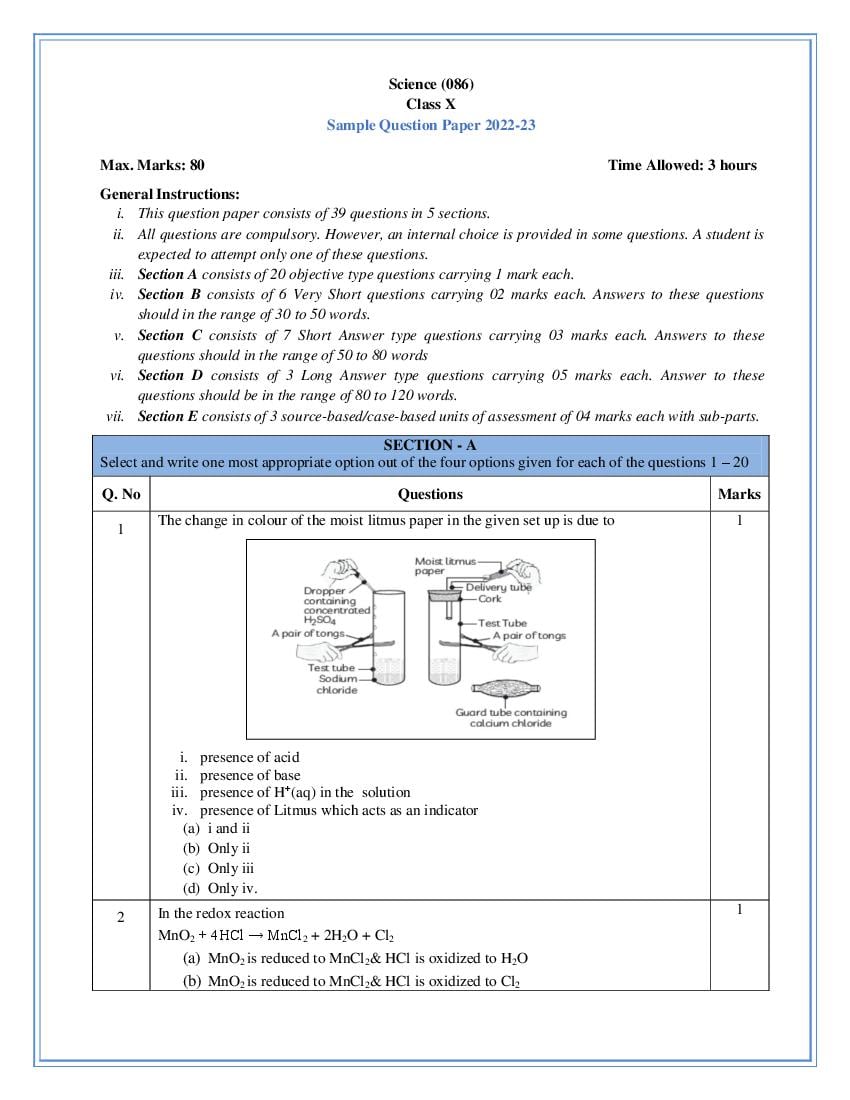CBSE Class 10 Sample Paper 2023 for Science - Page 1