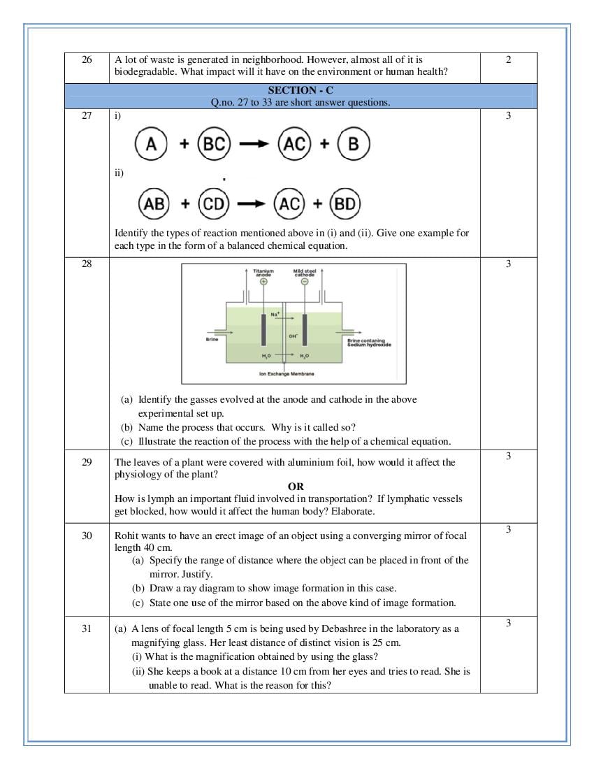 Class 10 Science Sample Paper 2023 With Solution PDF Download - Self ...