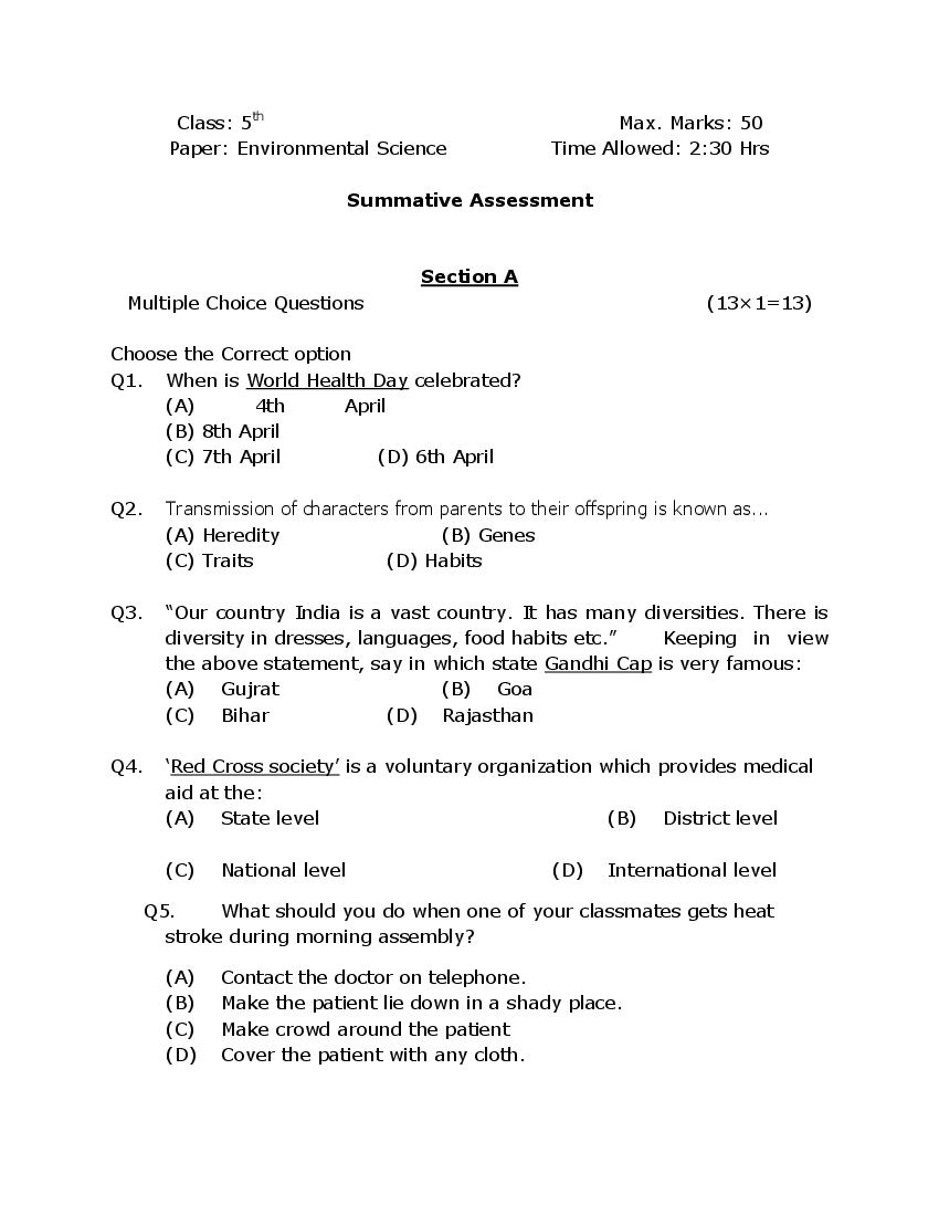 JKBOSE 5th Class Model Paper 2024 EVS - Page 1