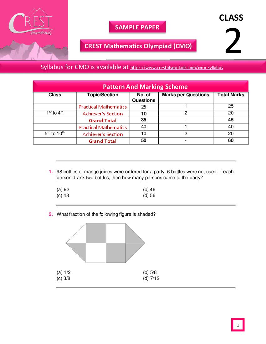 CREST Mathematics Olympiad (CMO) Class 2 Sample Paper - Page 1