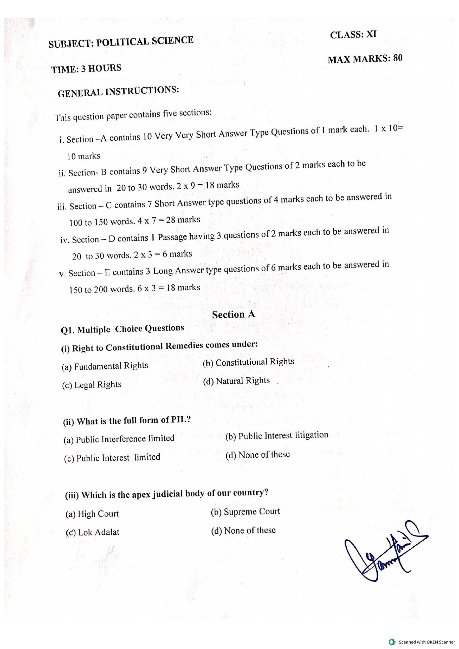 JKBOSE 11th Class Model Paper 2024 Political Science - Page 1