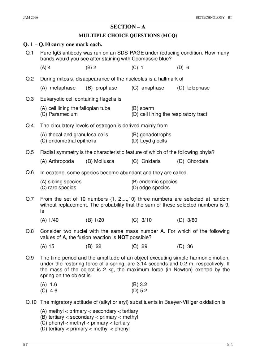 IIT JAM 2016 Question Paper Biotechnology (BT) - Page 1