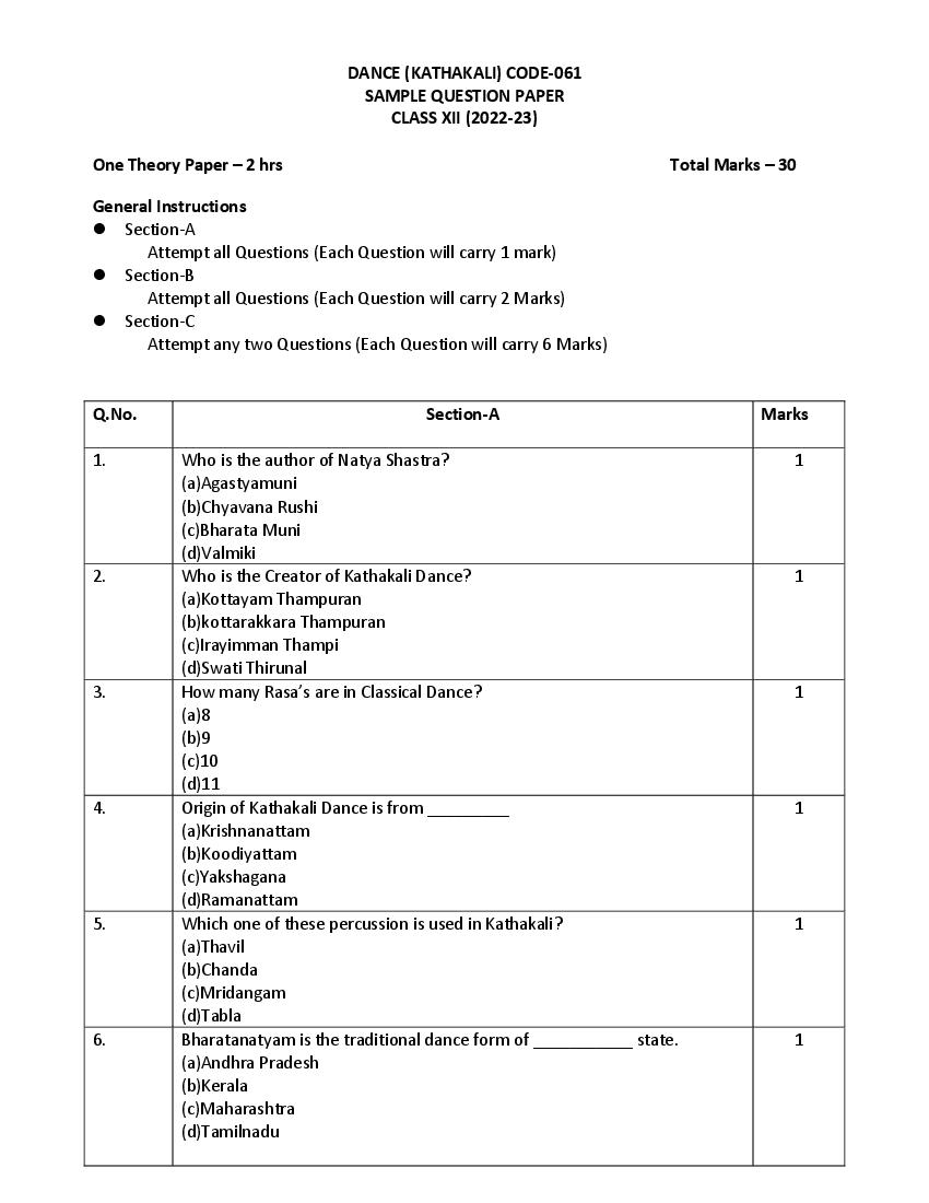 CBSE Class 12 Sample Paper 2023 Kathakali - Page 1