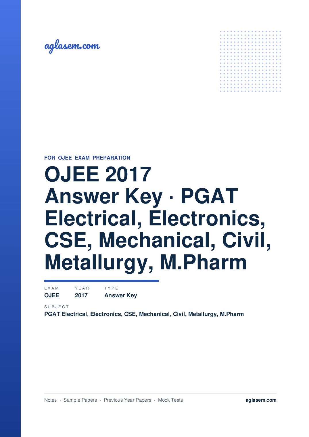 OJEE 2017 Answer Key PGAT Electrical, Electronics, CSE, Mechanical, Civil, Metallurgy, M.Pharm - Page 1 of 15