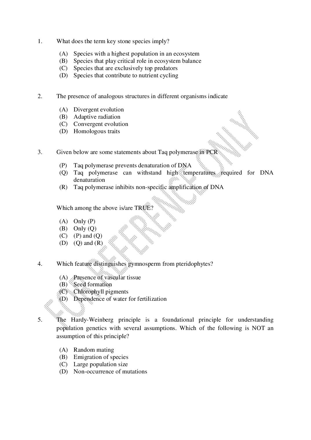 CUSAT CAT 2025 Question Paper Biology for 5 year integrated Biological Science - Page 1 of 18