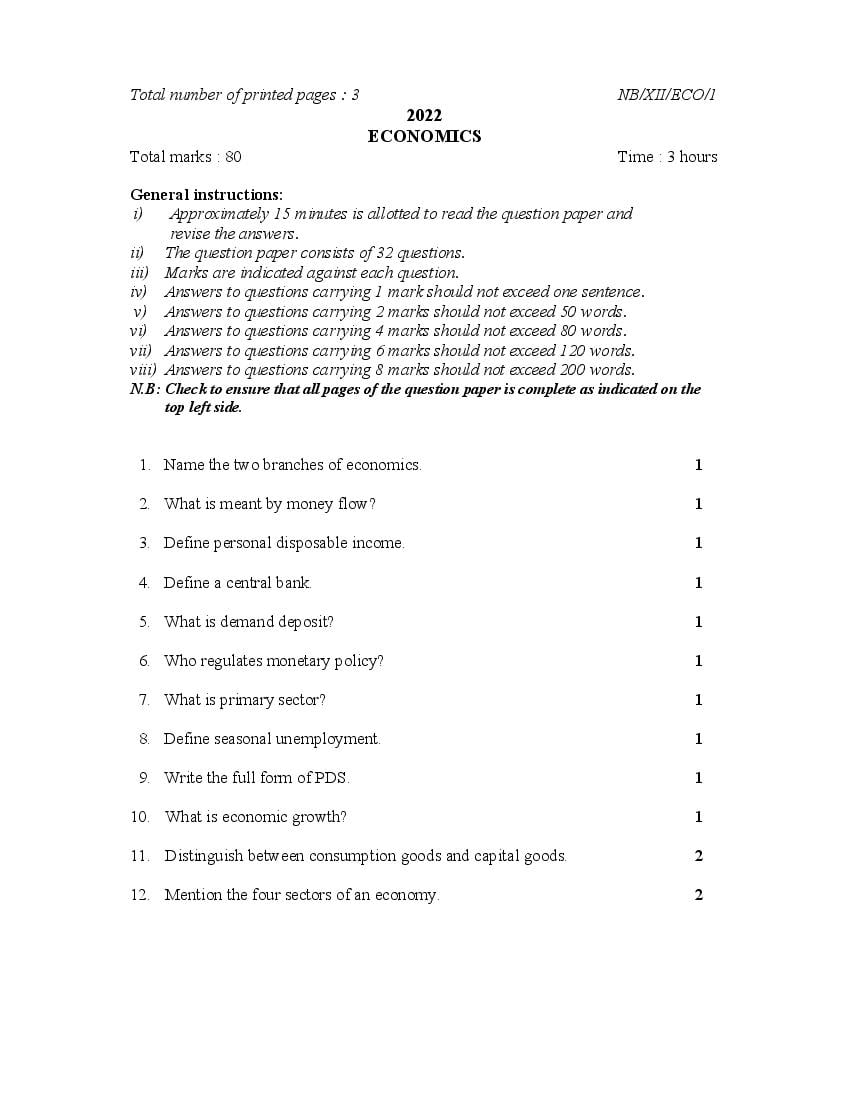 NBSE Class 12 Question Paper 2022 Economics - Page 1