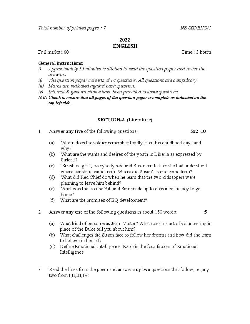 NBSE Class 12 Question Paper 2022 English - Page 1