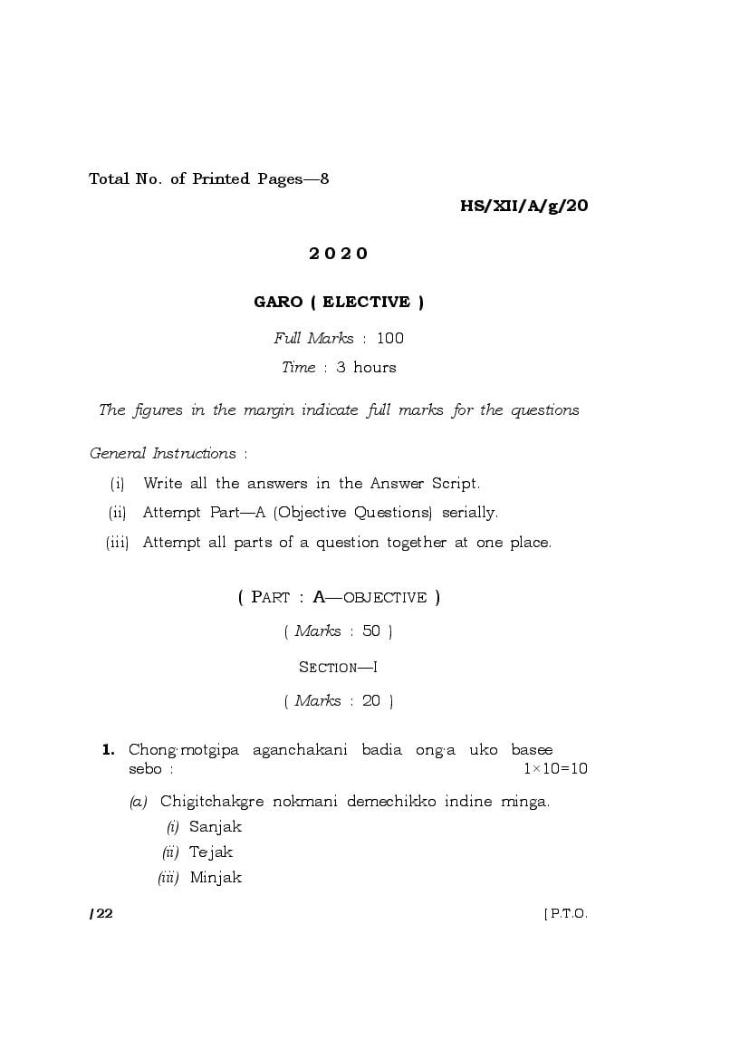 MBOSE Class 12 Question Paper 2020 for Garo Elective - Page 1