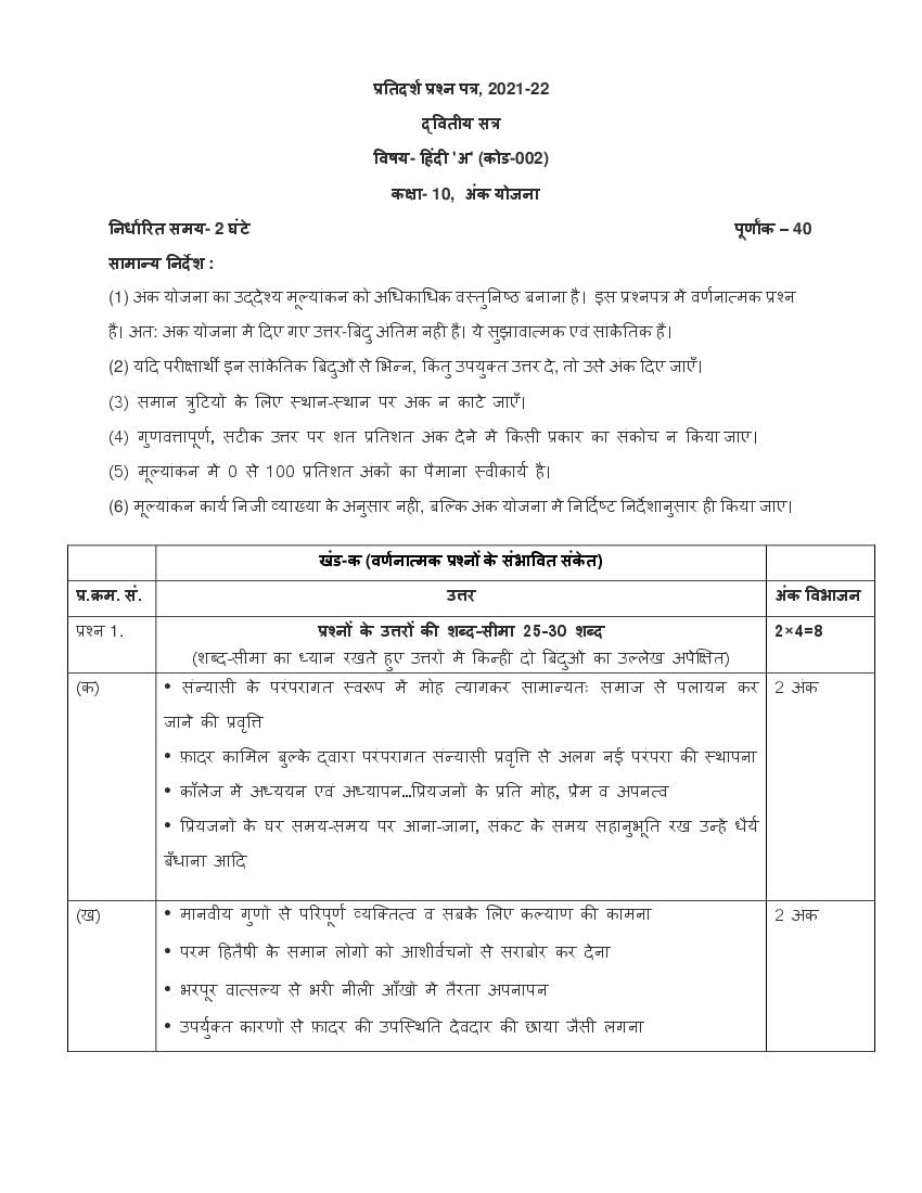 CBSE Class 10 Marking Scheme 2022 for Hindi Course A Term 2 - Page 1