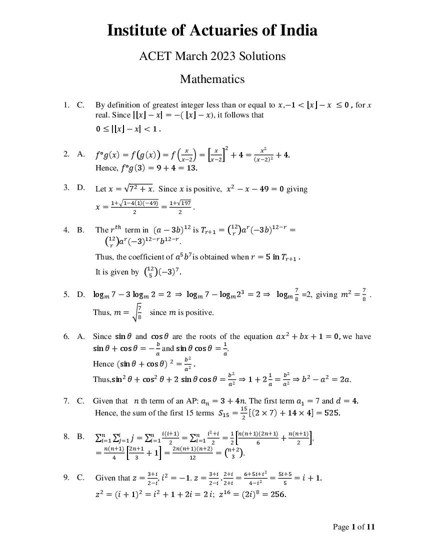 ACET 2023 Answer Key (Mar) - Page 1