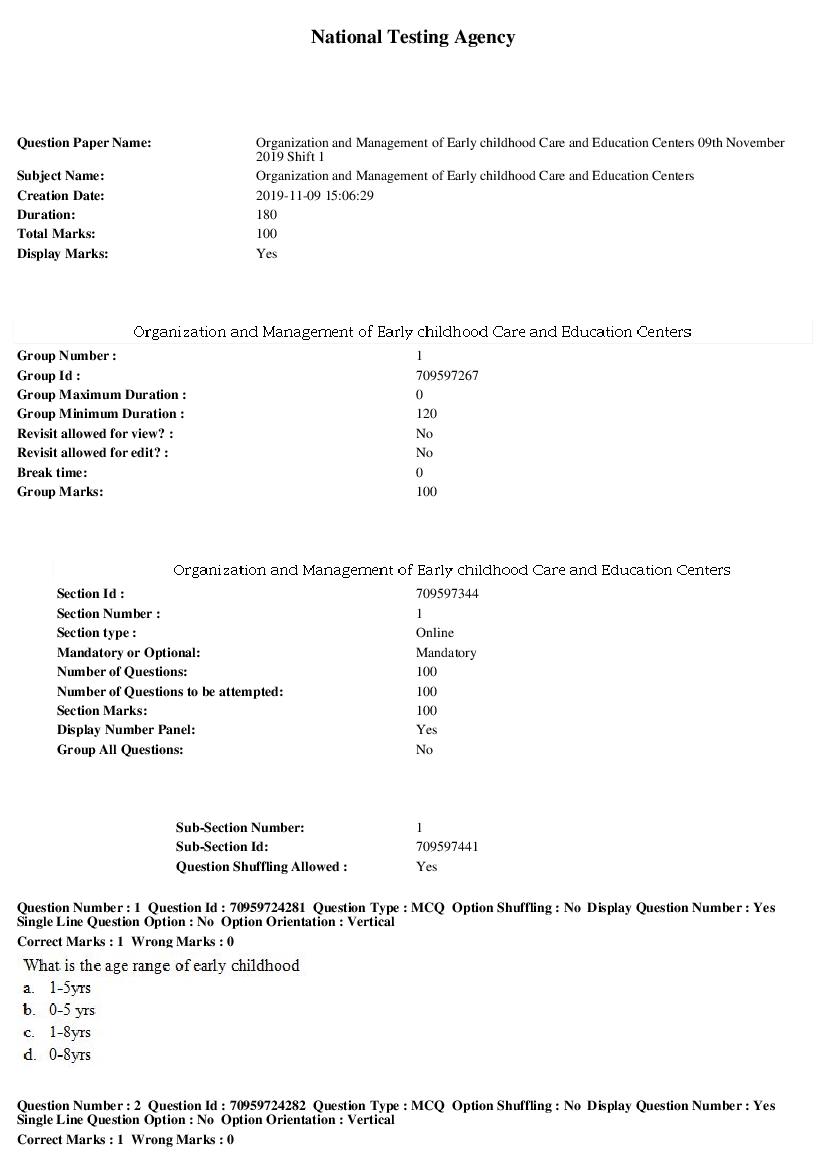 SWAYAM 2019 Question Paper Organization and Management of Early childhood Care and Education Centers - Page 1
