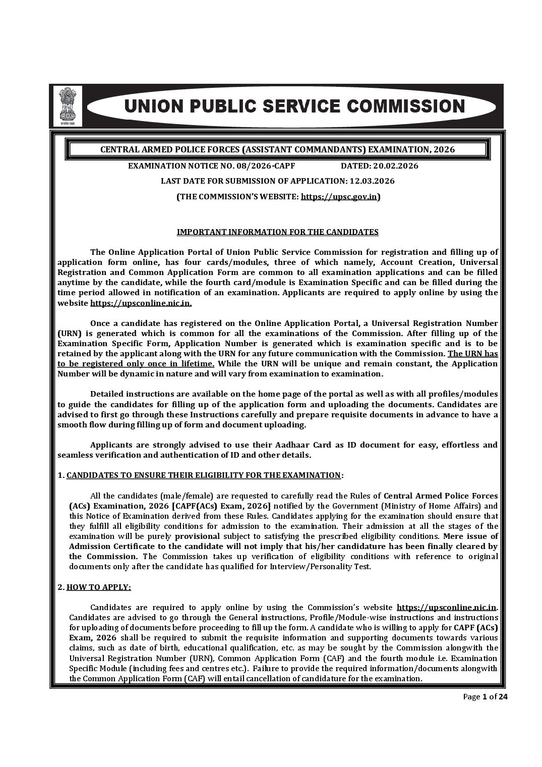UPSC CAPF AC 2026 Notification - Page 1 of 24
