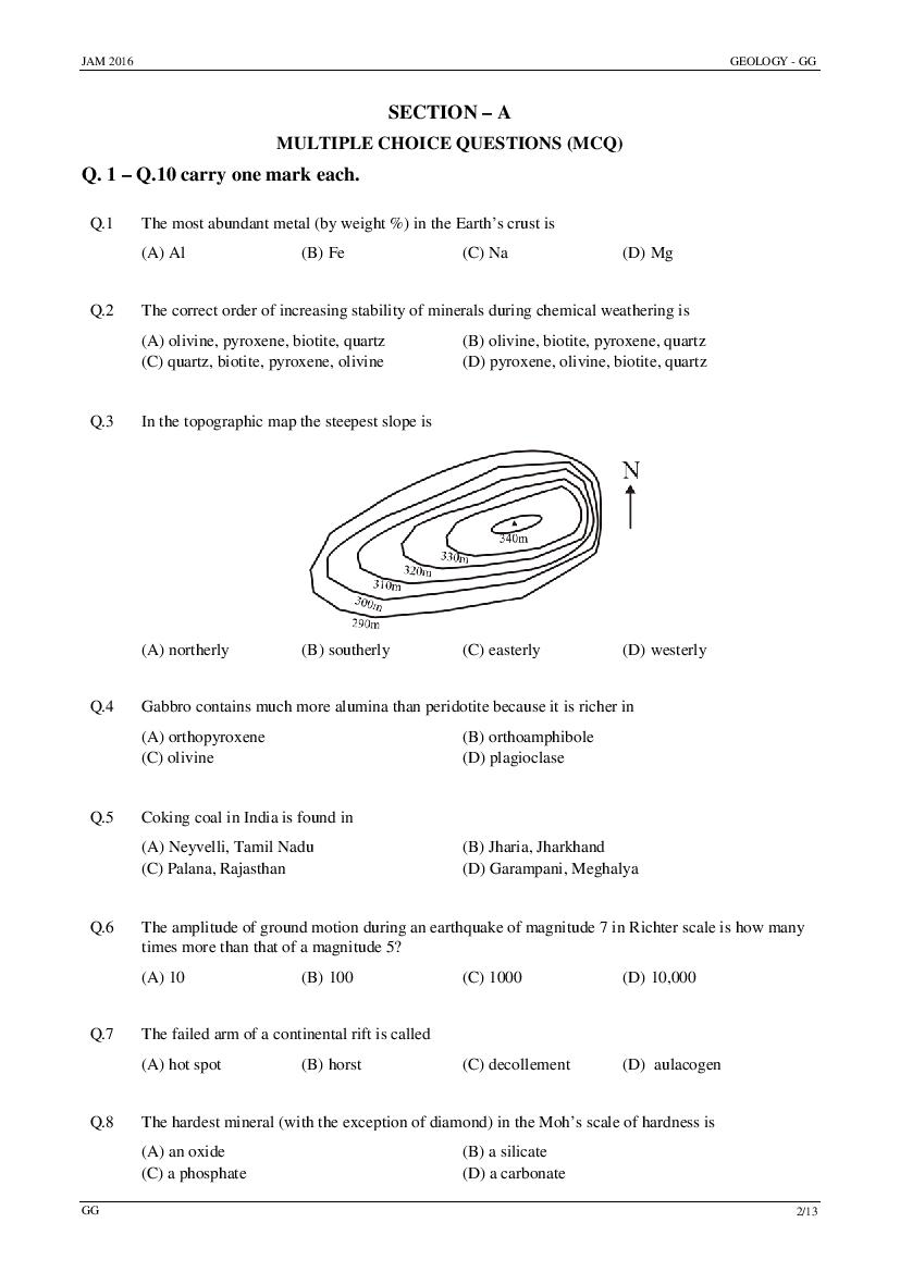 IIT JAM 2016 Question Paper Geology (GG) - Page 1
