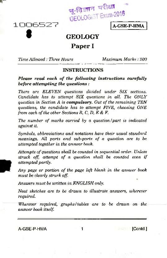 UPSC CGGE 2016 Question Paper Geology Paper I - Page 1