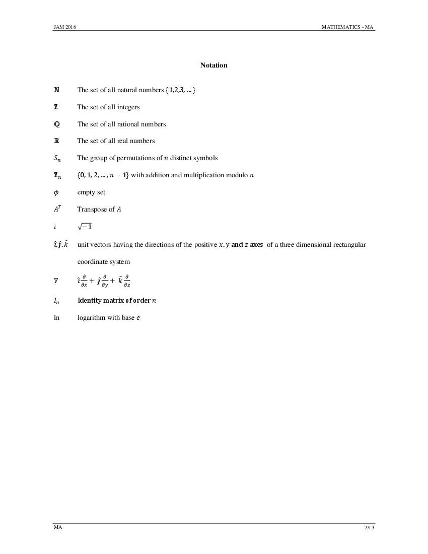 IIT JAM 2016 Question Paper Mathematics (MA) - Page 1