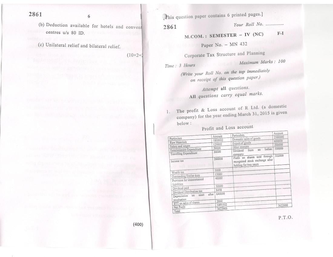 DU SOL M.Com Question Paper 2nd Year 2016 Sem 4 Corporate Tax Structure and Planning - Page 1