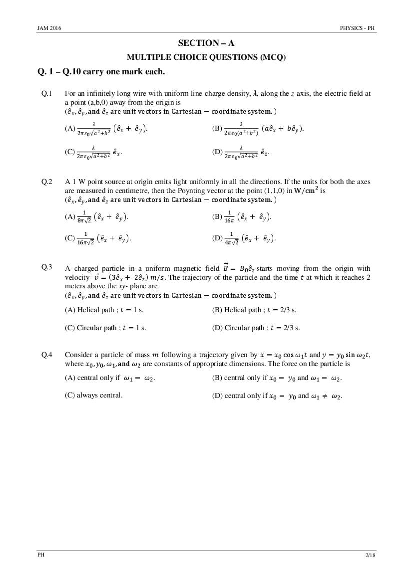 IIT JAM 2016 Question Paper Physics (PH) - Page 1