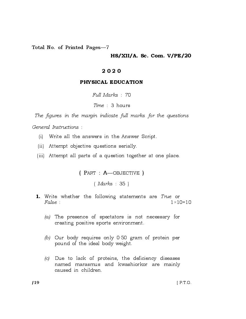 MBOSE Class 12 Question Paper 2020 for Physical Education - Page 1