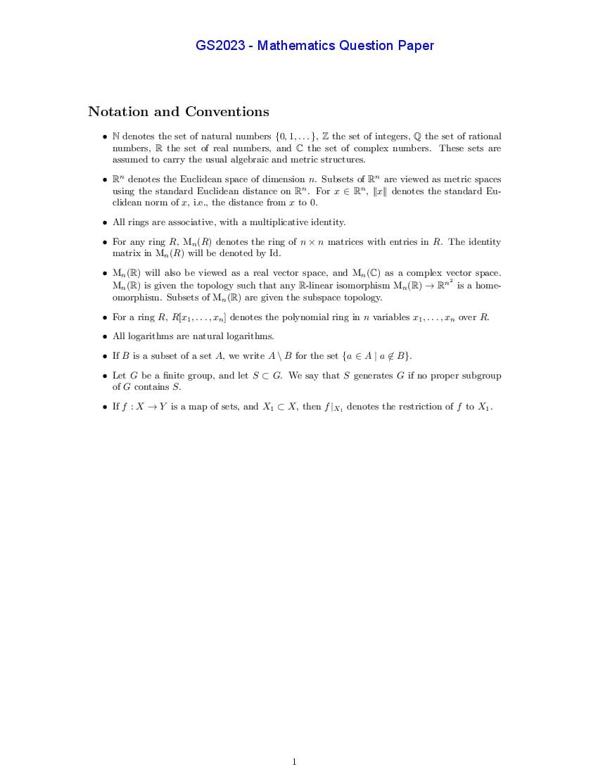 TIFR GS 2023 Question Paper Mathematics - Page 1