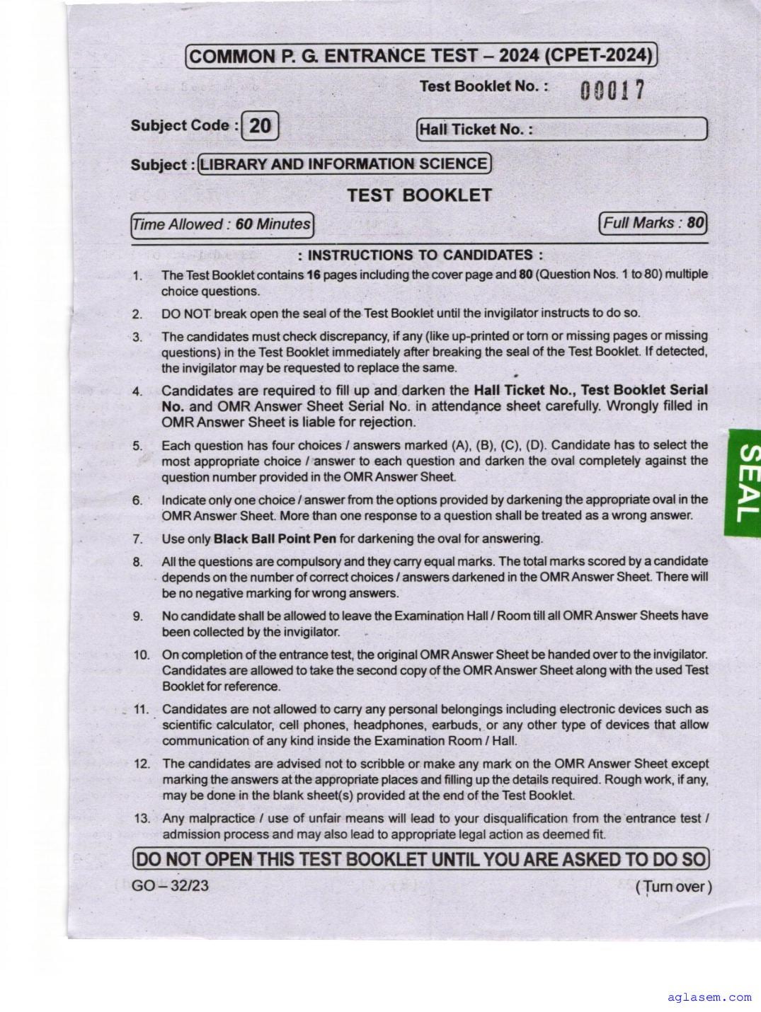 Odisha CPET 2024 Question Paper Library and Information Science - Page 1 of 16