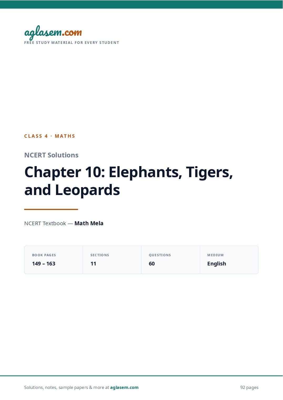 NCERT Solutions Class 4 Maths Chapter 10 Elephants Tigers and Leopards - Page 1 of 93