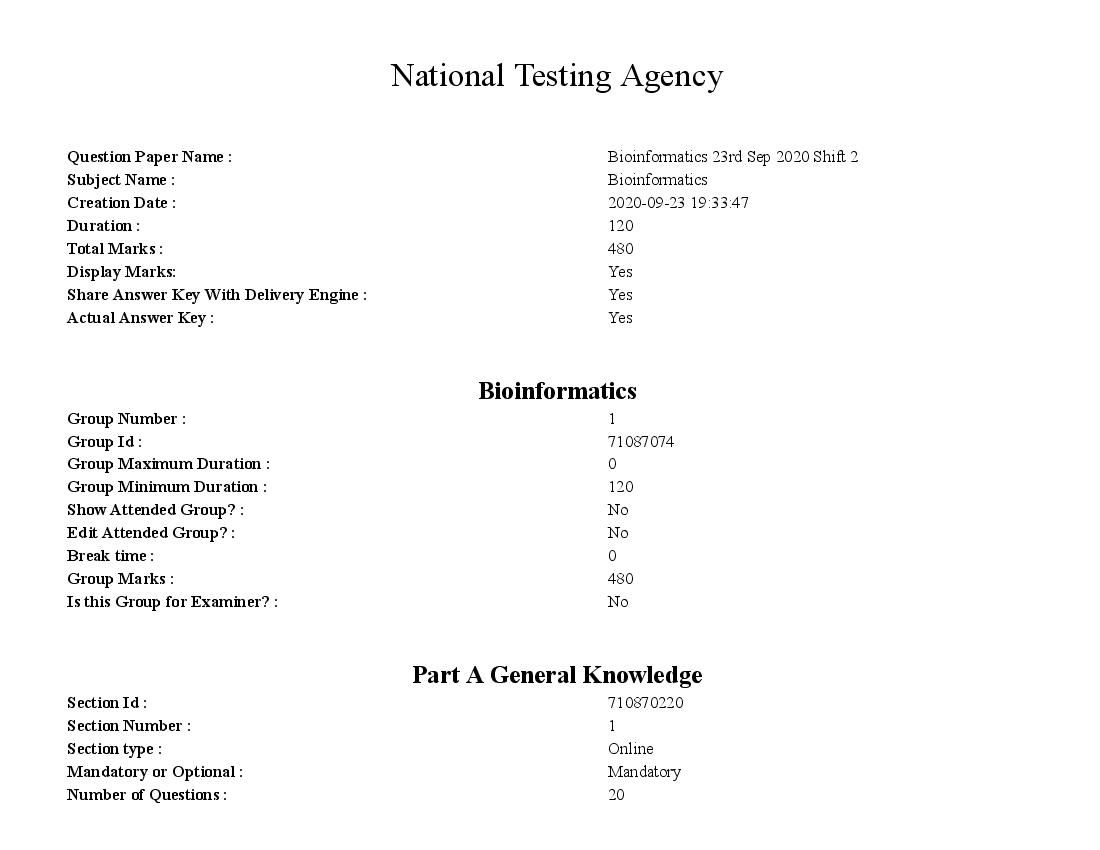 AICE JRF SRF 2020 Question Paper Bioinformatics - Page 1 of 29