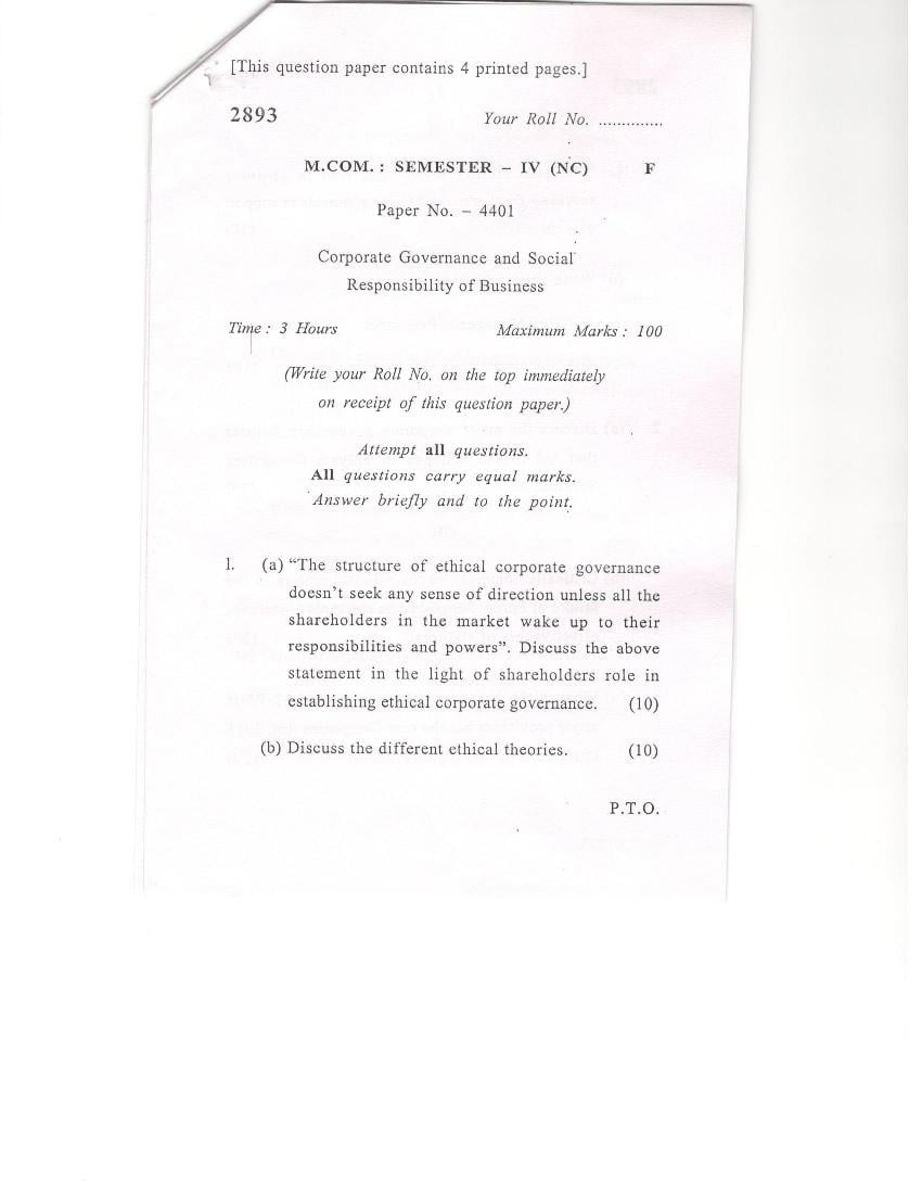 DU SOL M.Com Question Paper 2nd Year 2016 Sem 4 Corporate Governance and Social Responsibility of Business - Page 1