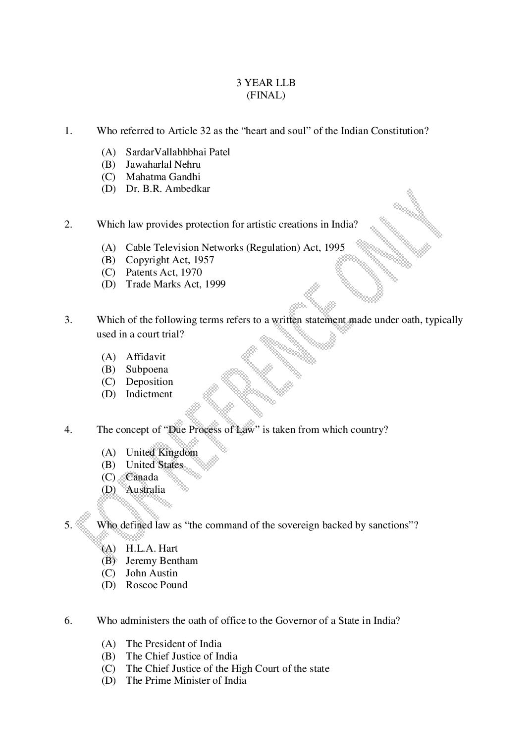 CUSAT CAT 2025 Question Paper 3 Year LLB - Page 1 of 34