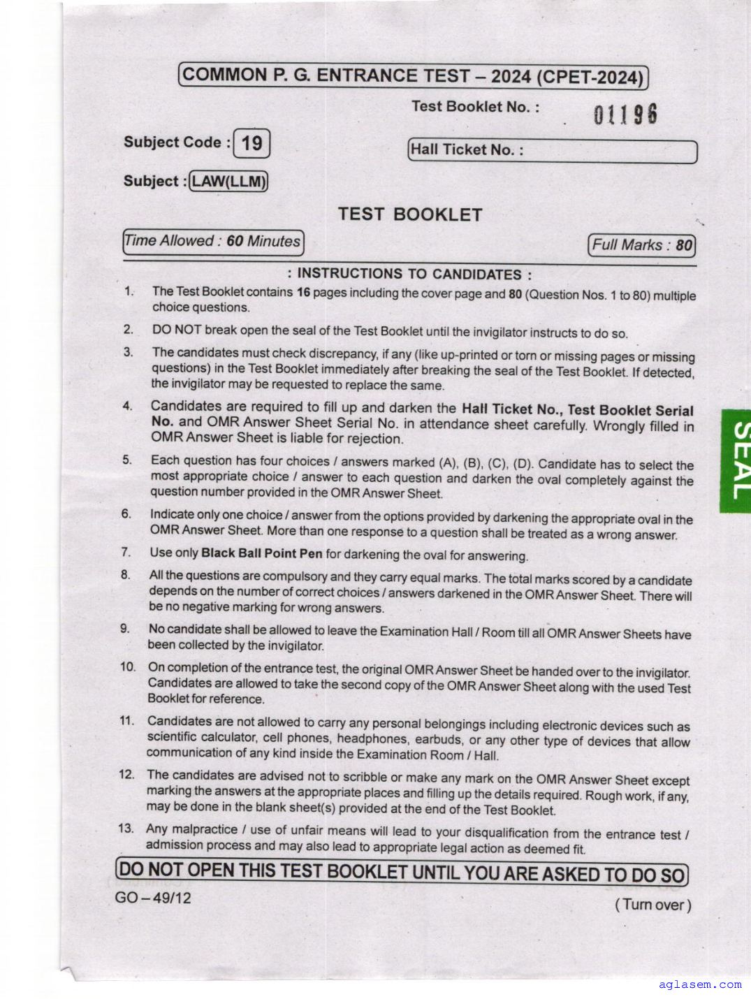 Odisha CPET 2024 Question Paper LAW (LLM) - Page 1 of 16