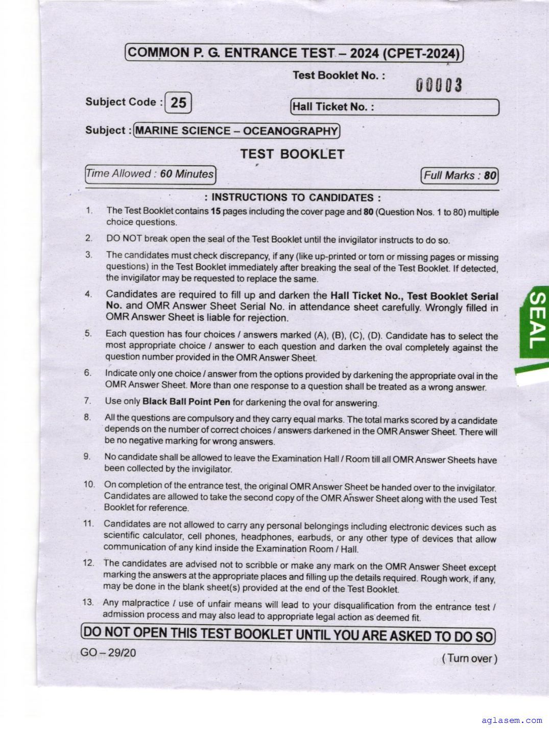Odisha CPET 2024 Question Paper Marine Science - Oceanography - Page 1 of 16