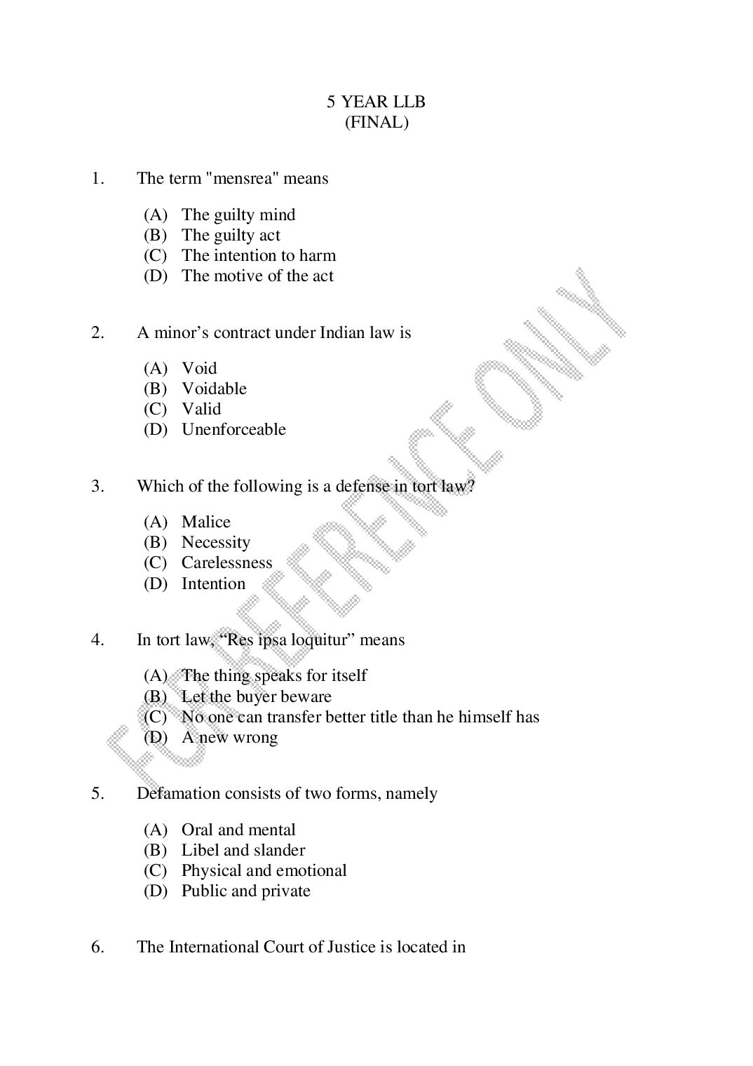 CUSAT CAT 2025 Question Paper 5 Year LLB - Page 1 of 36