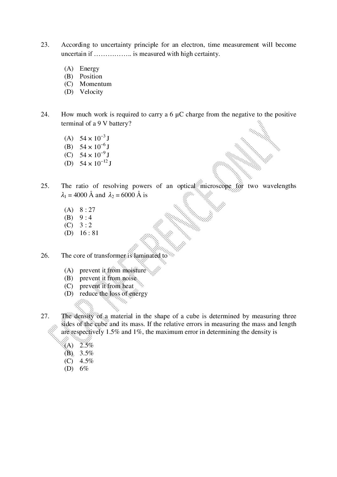 CUSAT CAT 2025 Question Papers PDF (B.Tech Shifts 1 to 4, 24 Papers)