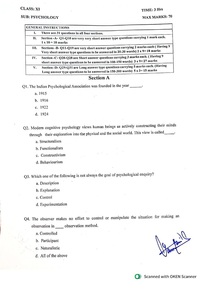 JKBOSE Class 11th Model Question Paper 2025 For Psychology - JK Board ...