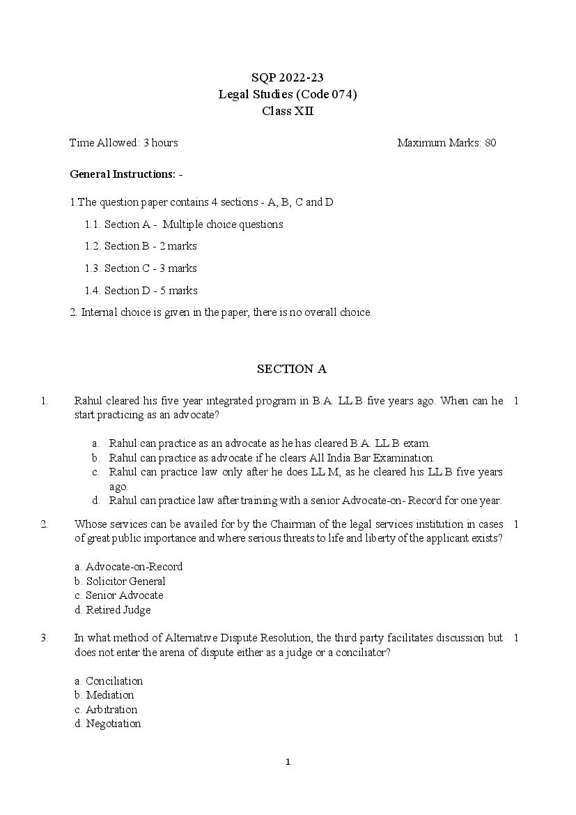 CBSE Class 12 Sample Paper 2023 Legal Studies - Page 1