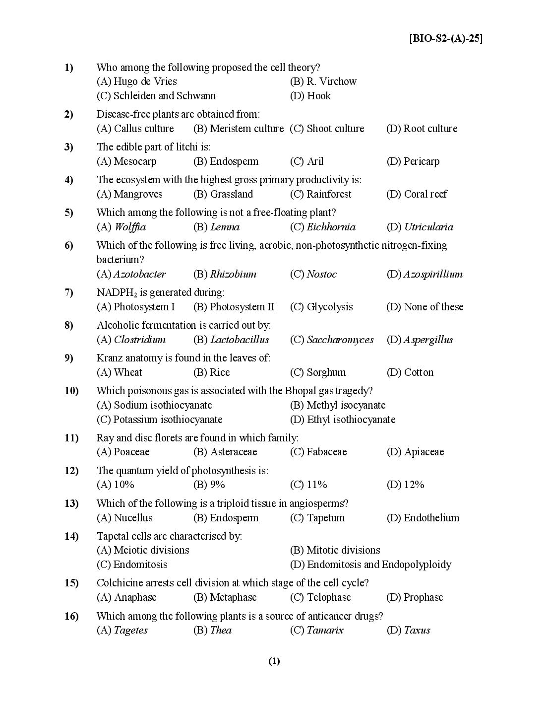 PU CET UG 2025 Question Paper Biology - Page 1 of 6