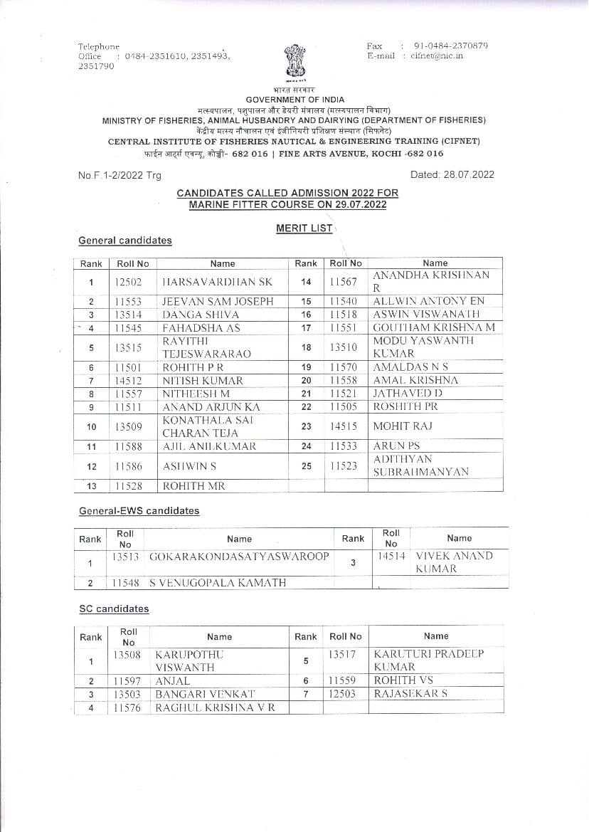 Cifnet 2022 Selected Candidates List For Mfc Admission