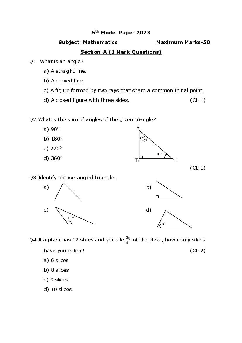 JKBOSE 5th Class Model Paper 2024 Maths - Page 1