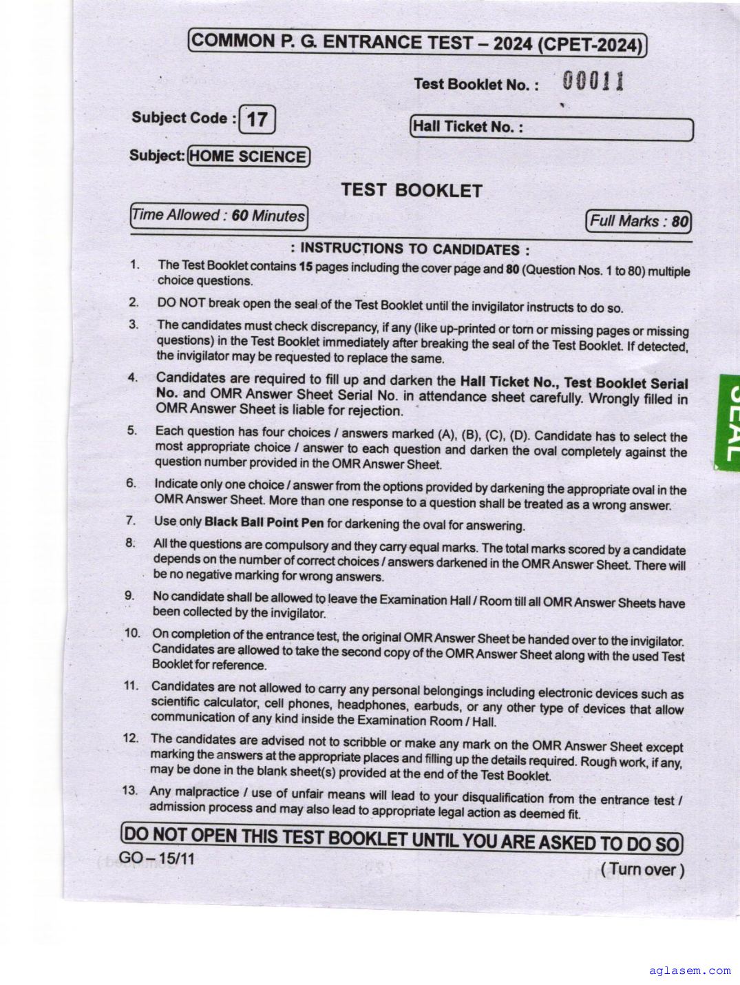 Odisha CPET 2024 Question Paper Home Science - Page 1 of 16