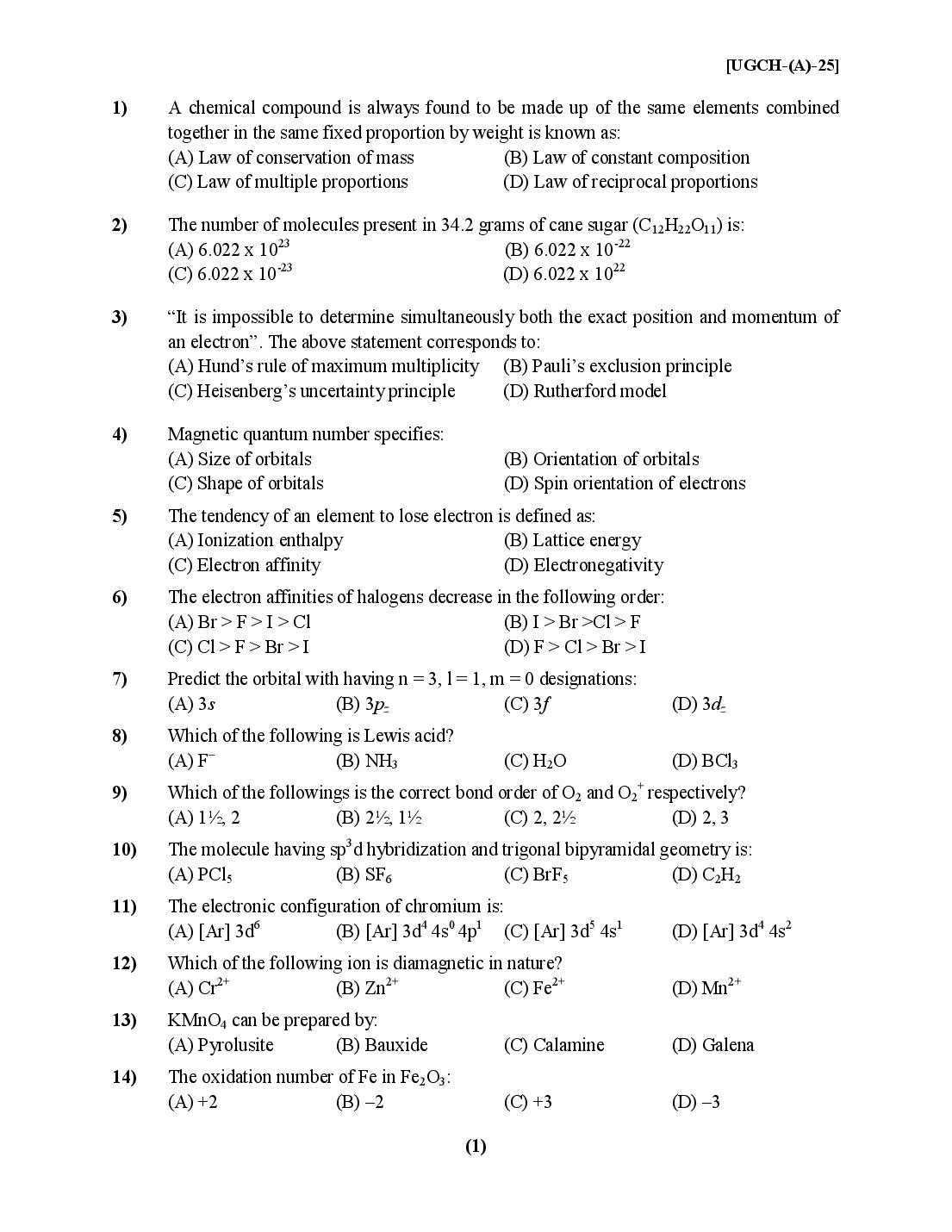PU CET UG 2025 Question Paper Chemistry - Page 1 of 8