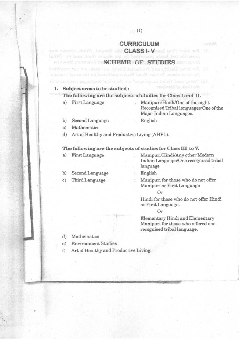 Manipur Class 1-5 Syllabus - Page 1
