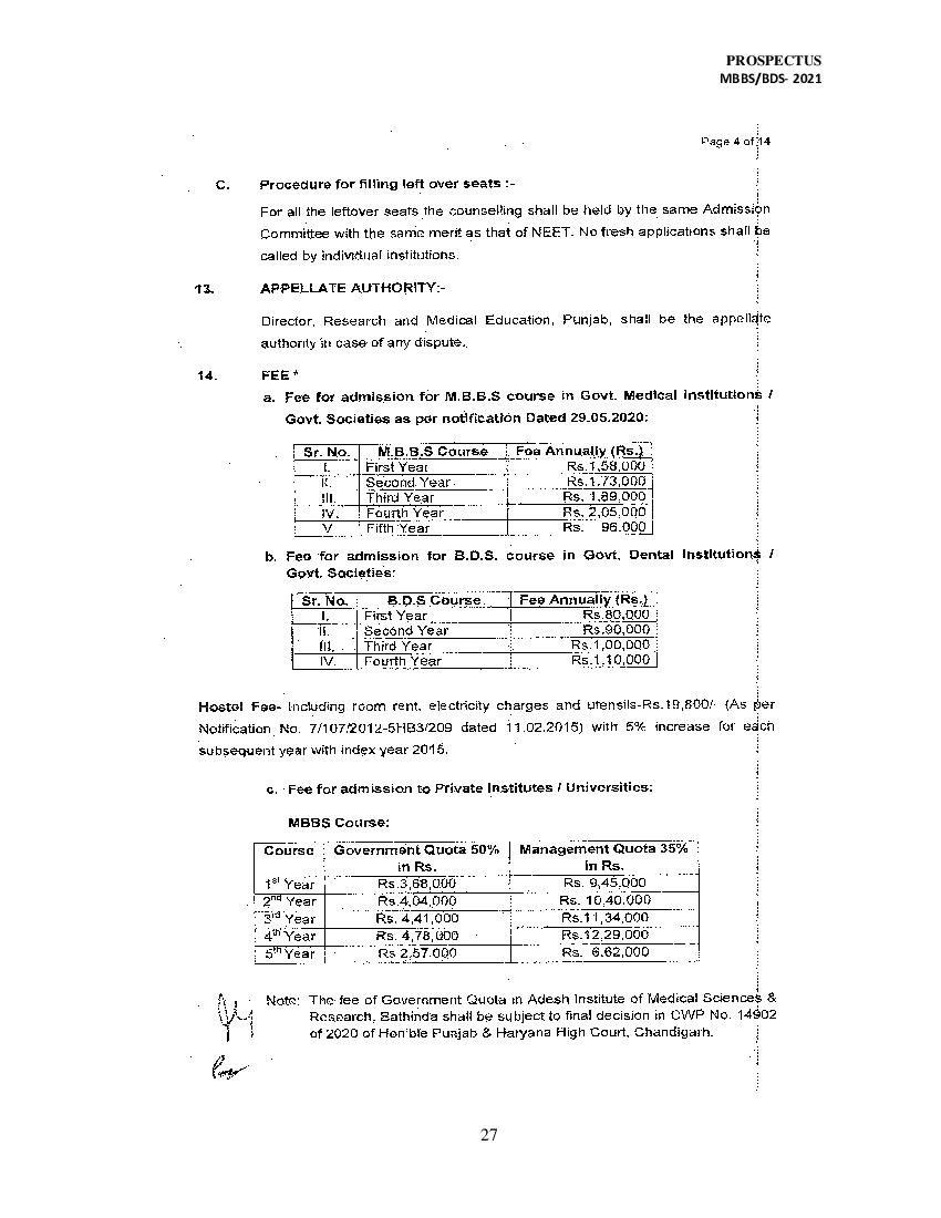 Punjab MBBS and BDS Admission 2021 Fee Structure - Page 1