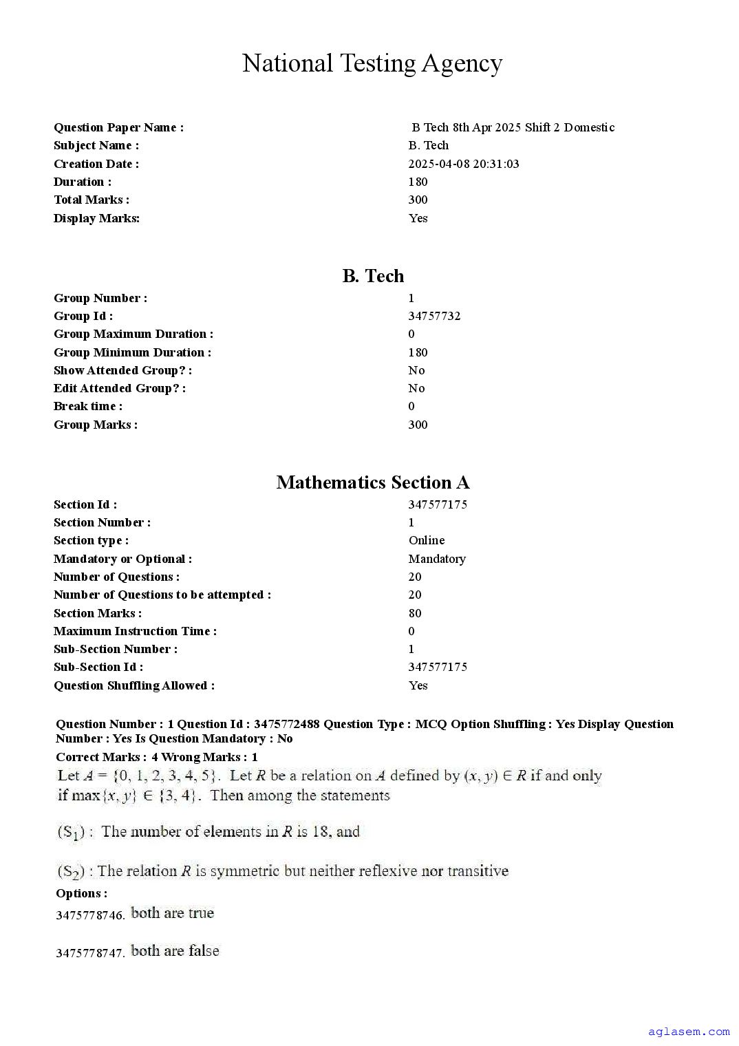 JEE Main 2025 Question Paper (B.Tech) - 8 Apr Shift 2 - Page 1 of 62