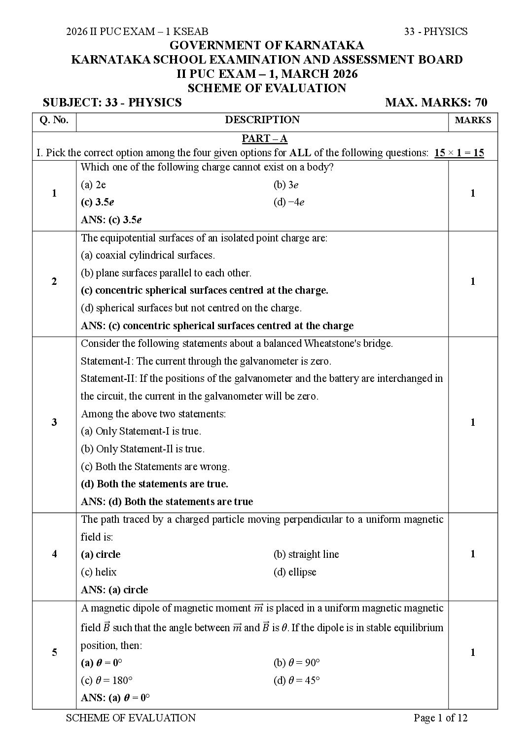 Karnataka 2nd PUC Question Paper 2026 Answer Key Physics - Page 1 of 12