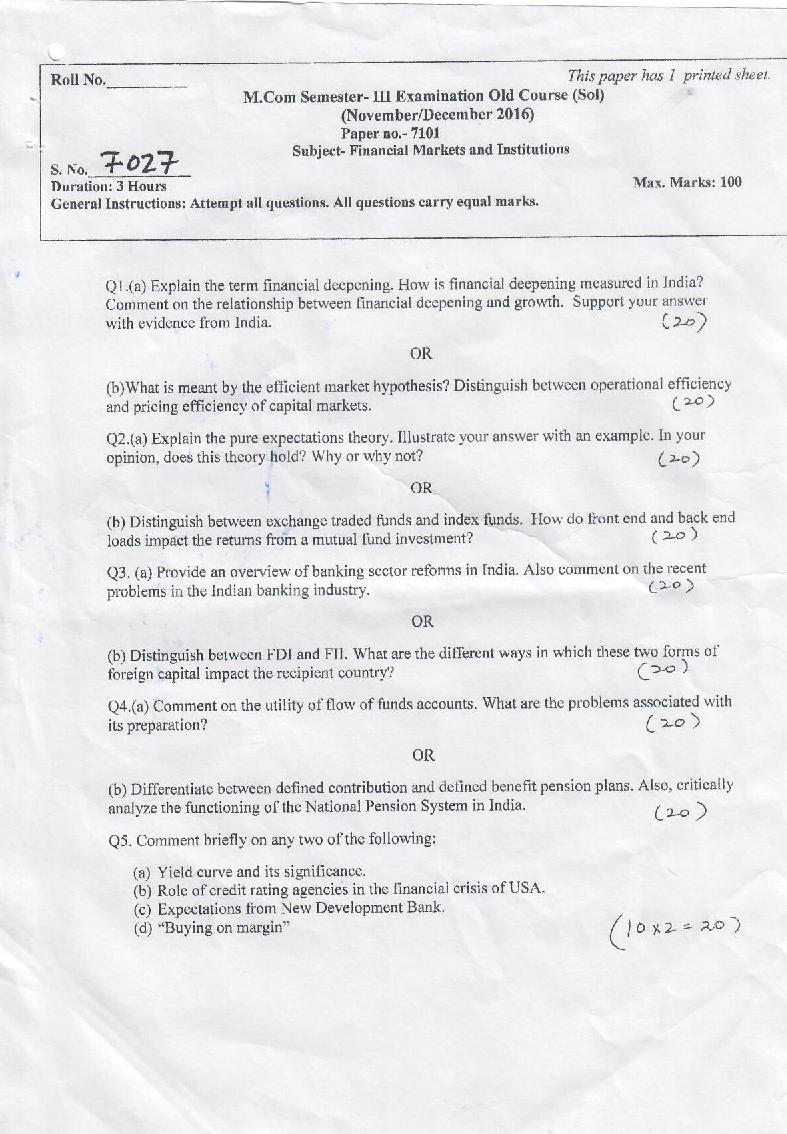 DU SOL M.Com Question Paper 2nd Year 2016 Sem 3 Financial Markets and Institutions - Page 1